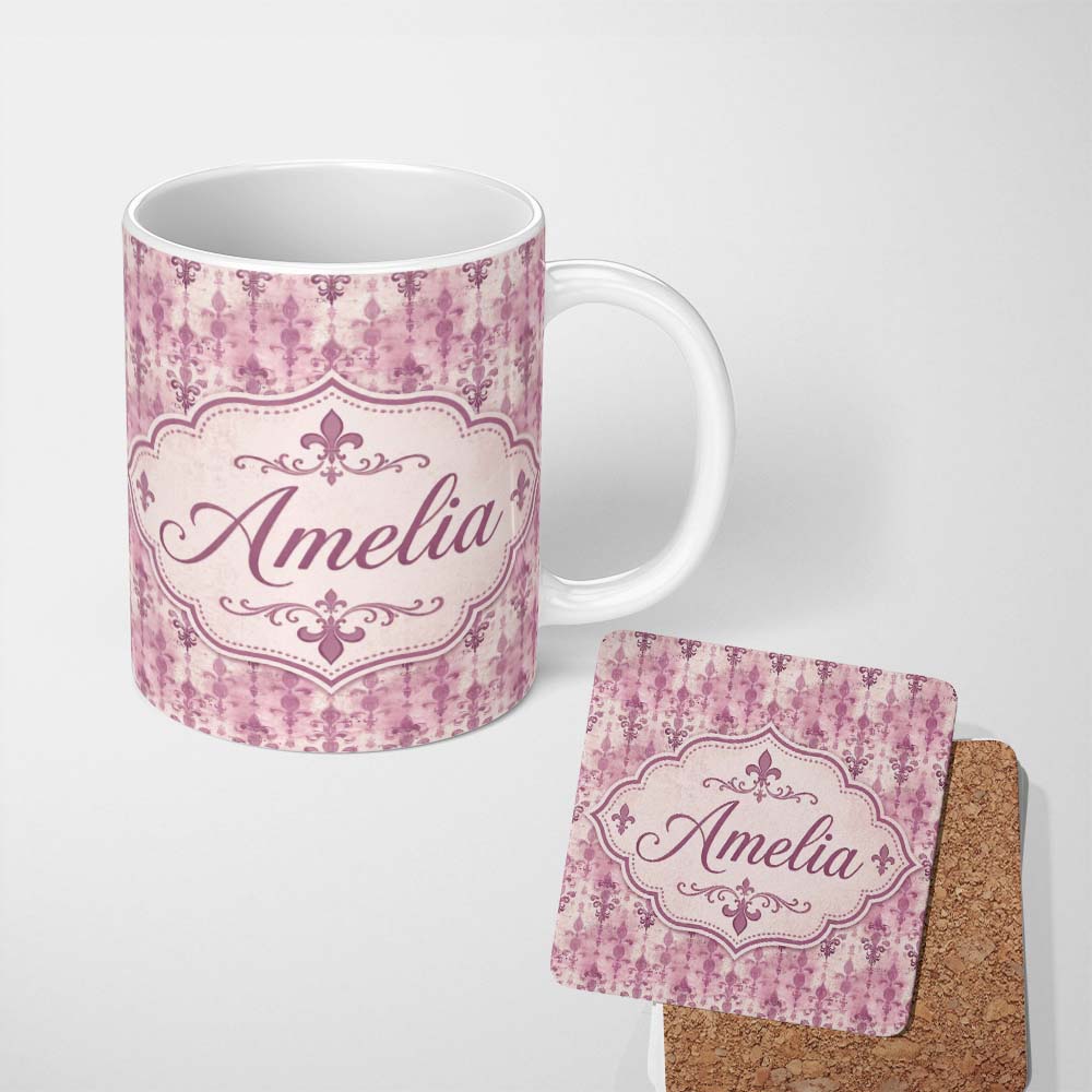 Personalized Custom Name Vintage Washed Pink Fleur de Lis Pattern with Soft Grunge Texture 11oz Ceramic Coffee Tea Mug White Large Handle