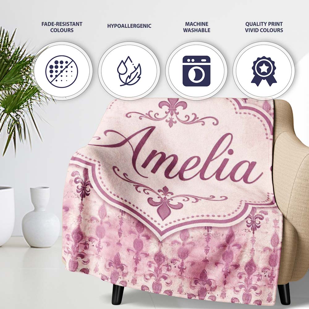 Vintage Washed Pink Fleur de Lis Pattern with Soft Grunge Texture Personalised Custom Name Super Soft Fleece Blanket Bed Sofa Throw