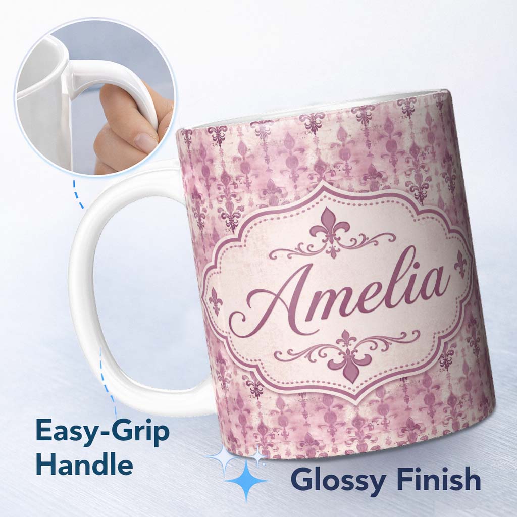 Personalized Custom Name Vintage Washed Pink Fleur de Lis Pattern with Soft Grunge Texture 11oz Ceramic Coffee Tea Mug White Large Handle