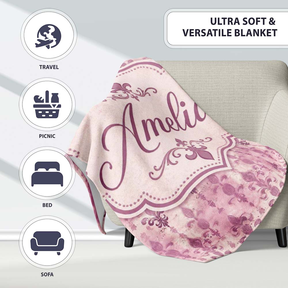 Vintage Washed Pink Fleur de Lis Pattern with Soft Grunge Texture Personalised Custom Name Super Soft Fleece Blanket Bed Sofa Throw