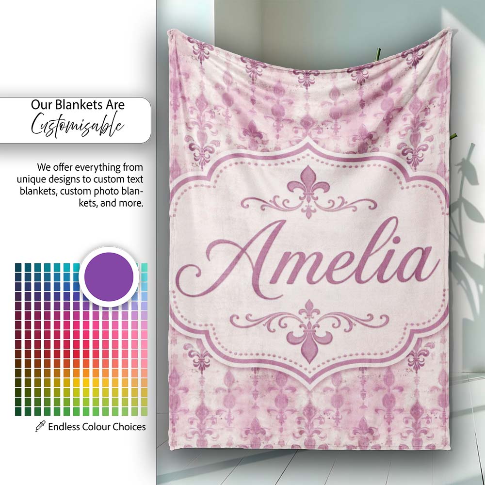 Vintage Washed Pink Fleur de Lis Pattern with Soft Grunge Texture Personalised Custom Name Super Soft Fleece Blanket Bed Sofa Throw