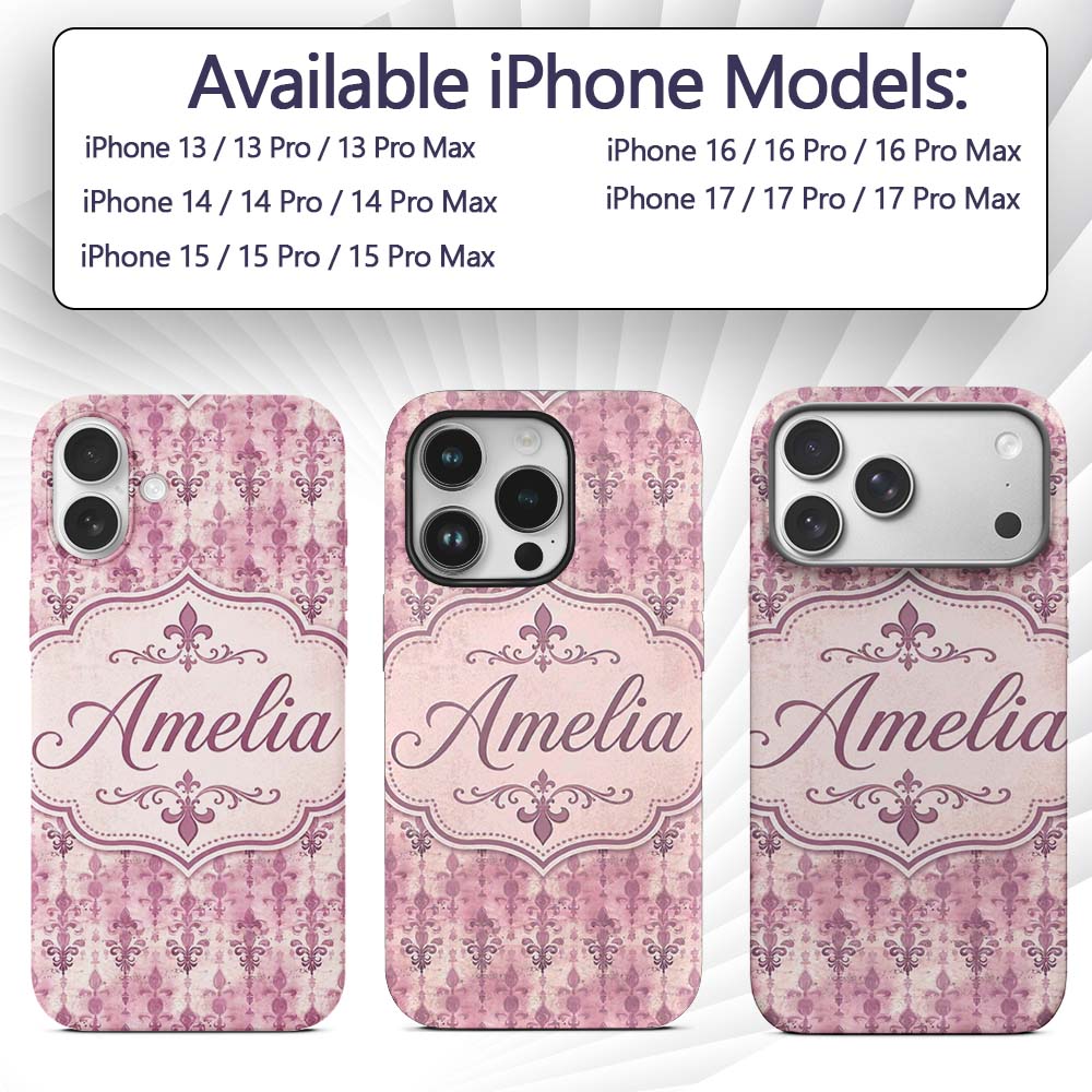 Vintage Washed Pink Fleur de Lis Pattern with Custom Name Protective Phone Case Mobile Cover Durable Everyday Smartphone Shock Resistant