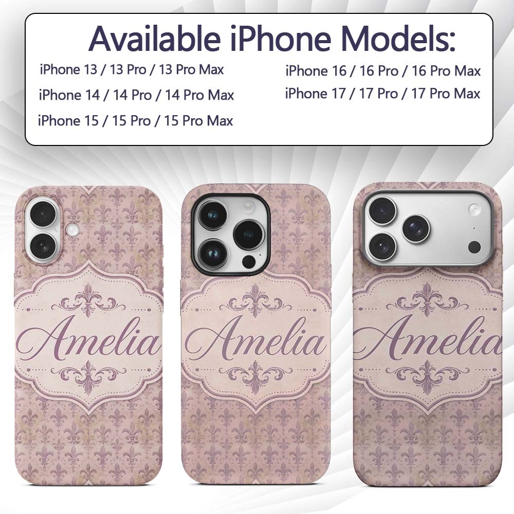 Vintage Purple Fleur De Lis Damask Pattern Soft Custom Name Protective Phone Case Mobile Cover Durable Everyday Smartphone Shock Resistant