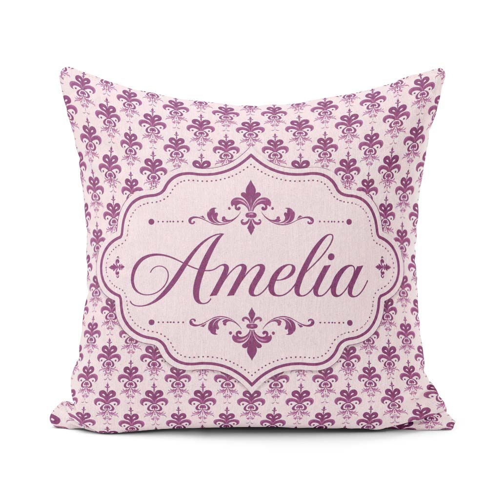 Custom Name Elegant Plum Floral Damask Repeat Pattern Background Square Filled Cushion Throw Pillow Sofa Bed Home Decor Zip Washable UK Made