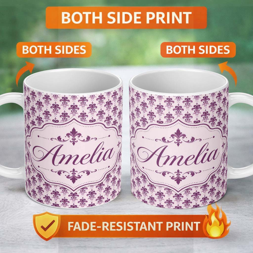Personalized Custom Name Elegant Plum Floral Damask Repeat Pattern Light Background Seamless 11oz Ceramic Coffee Tea Mug White Large Handle