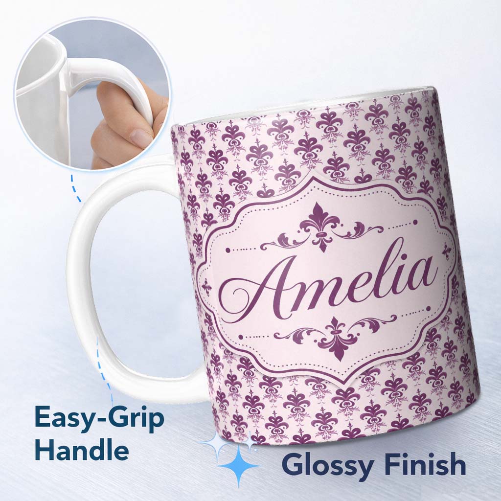 Personalized Custom Name Elegant Plum Floral Damask Repeat Pattern Light Background Seamless 11oz Ceramic Coffee Tea Mug White Large Handle