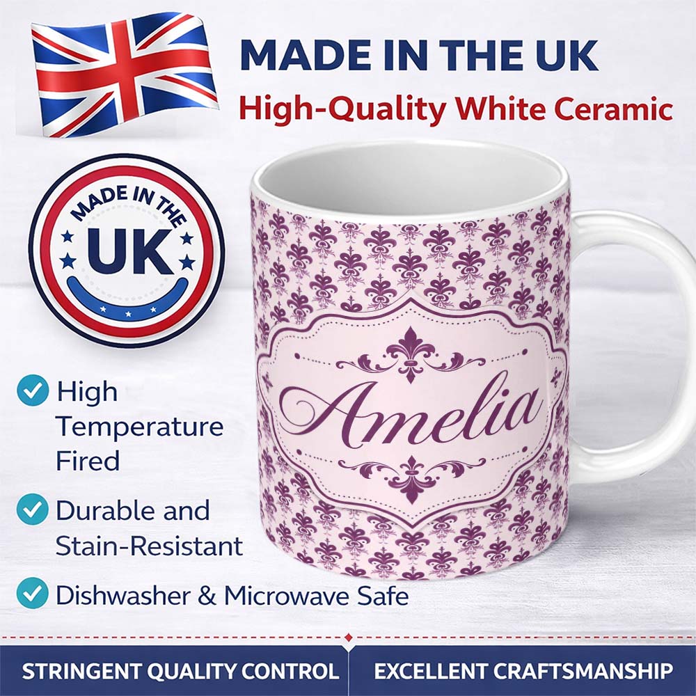 Personalized Custom Name Elegant Plum Floral Damask Repeat Pattern Light Background Seamless 11oz Ceramic Coffee Tea Mug White Large Handle