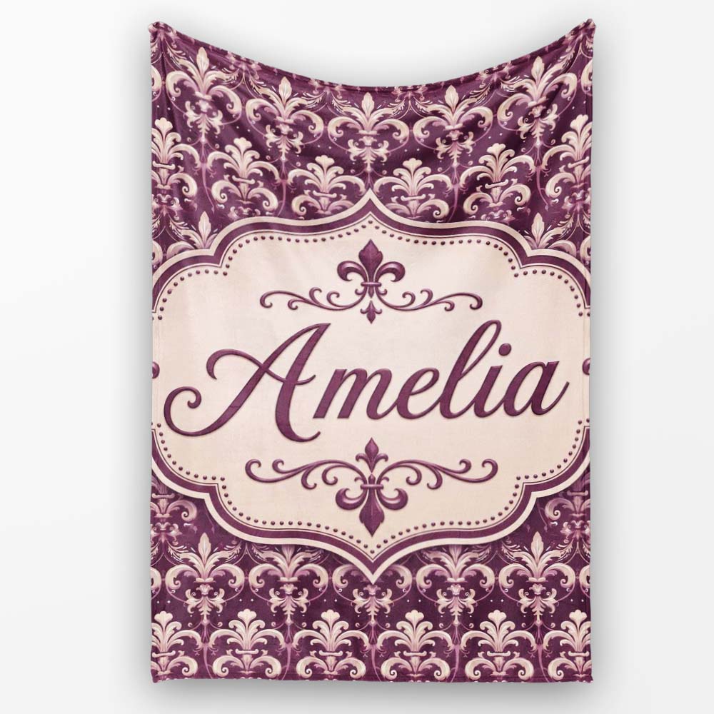 Luxury Deep Purple Ornate Fleur De Lis Baroque Pattern Seamless Personalised Custom Name Super Soft Fleece Blanket Bed Sofa Throw