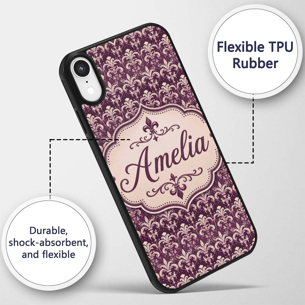 Luxury Deep Purple Ornate Fleur De Lis Baroque Custom Name Protective Phone Case Mobile Cover Durable Everyday Smartphone Shock Resistant