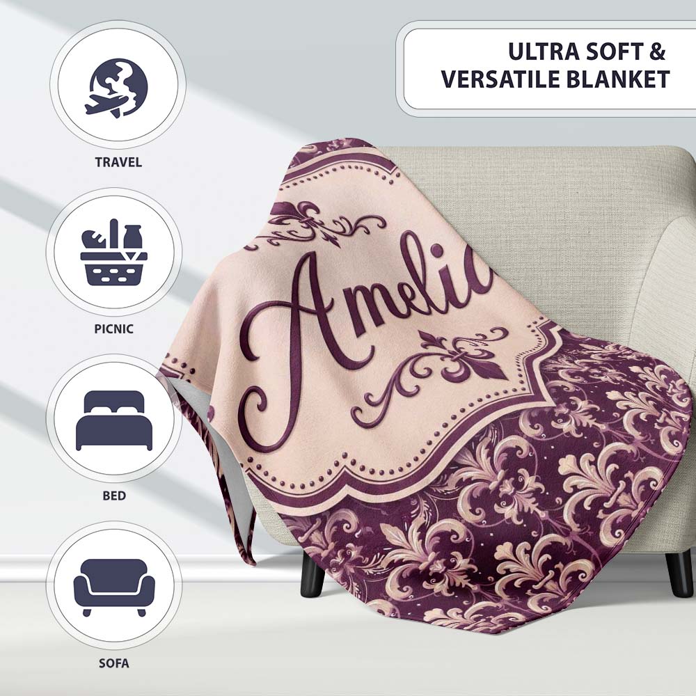 Luxury Deep Purple Ornate Fleur De Lis Baroque Pattern Seamless Personalised Custom Name Super Soft Fleece Blanket Bed Sofa Throw