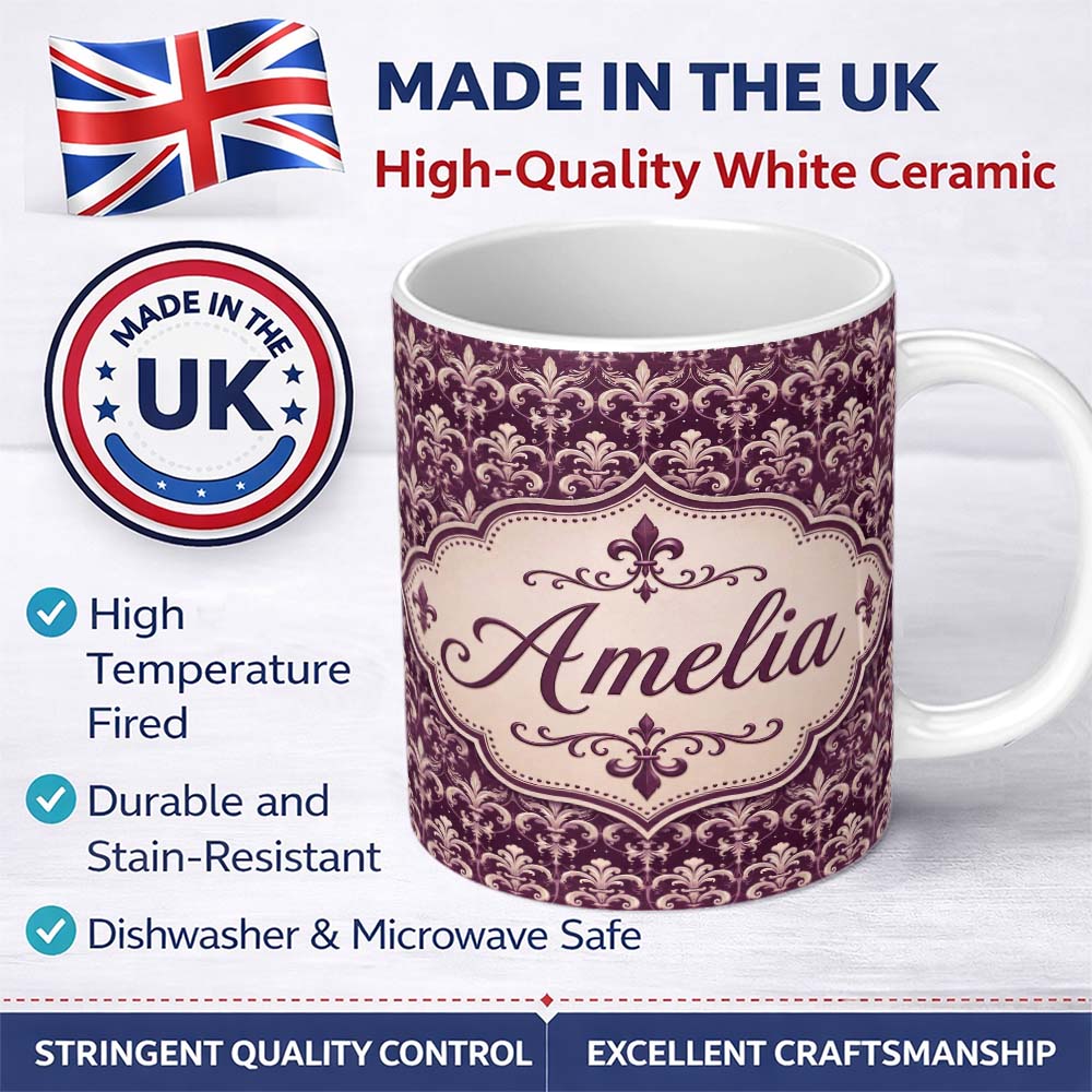Personalized Custom Name Luxury Deep Purple Ornate Fleur De Lis Baroque Pattern Seamless 11oz Ceramic Coffee Tea Mug White Large Handle