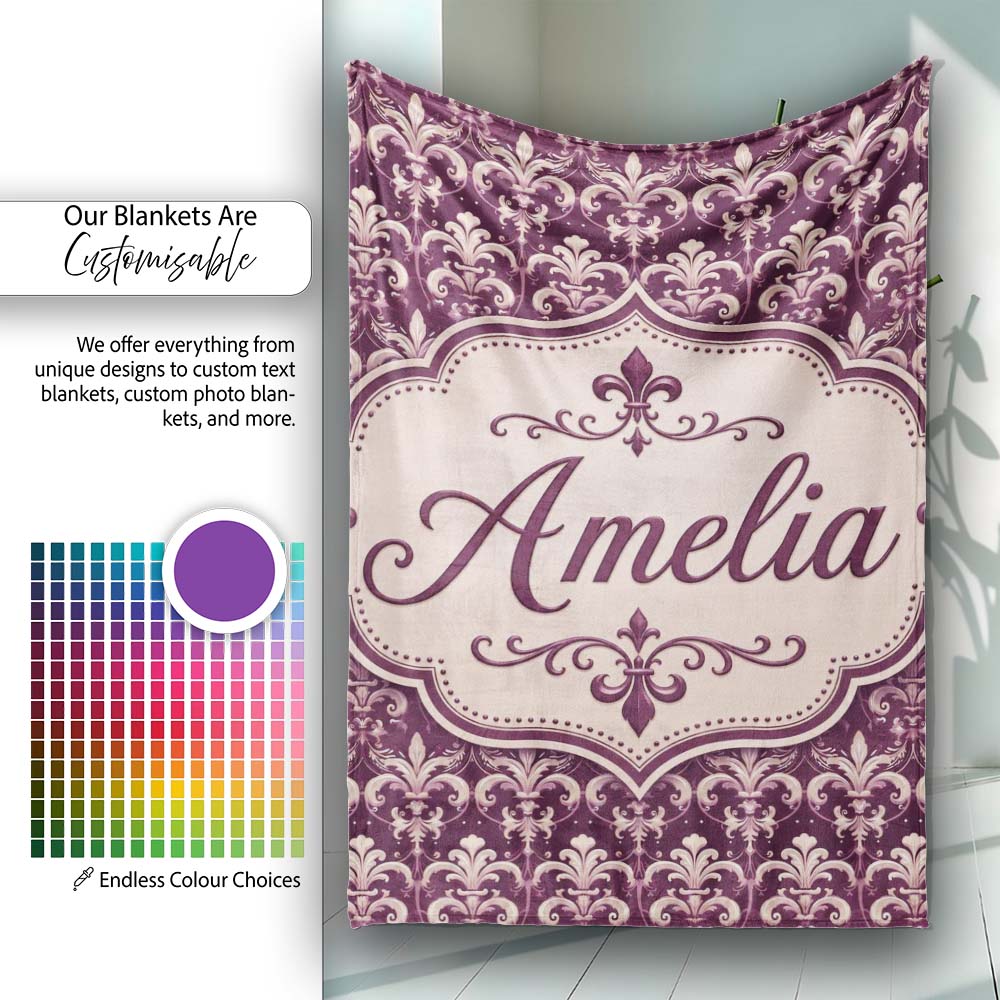 Luxury Deep Purple Ornate Fleur De Lis Baroque Pattern Seamless Personalised Custom Name Super Soft Fleece Blanket Bed Sofa Throw