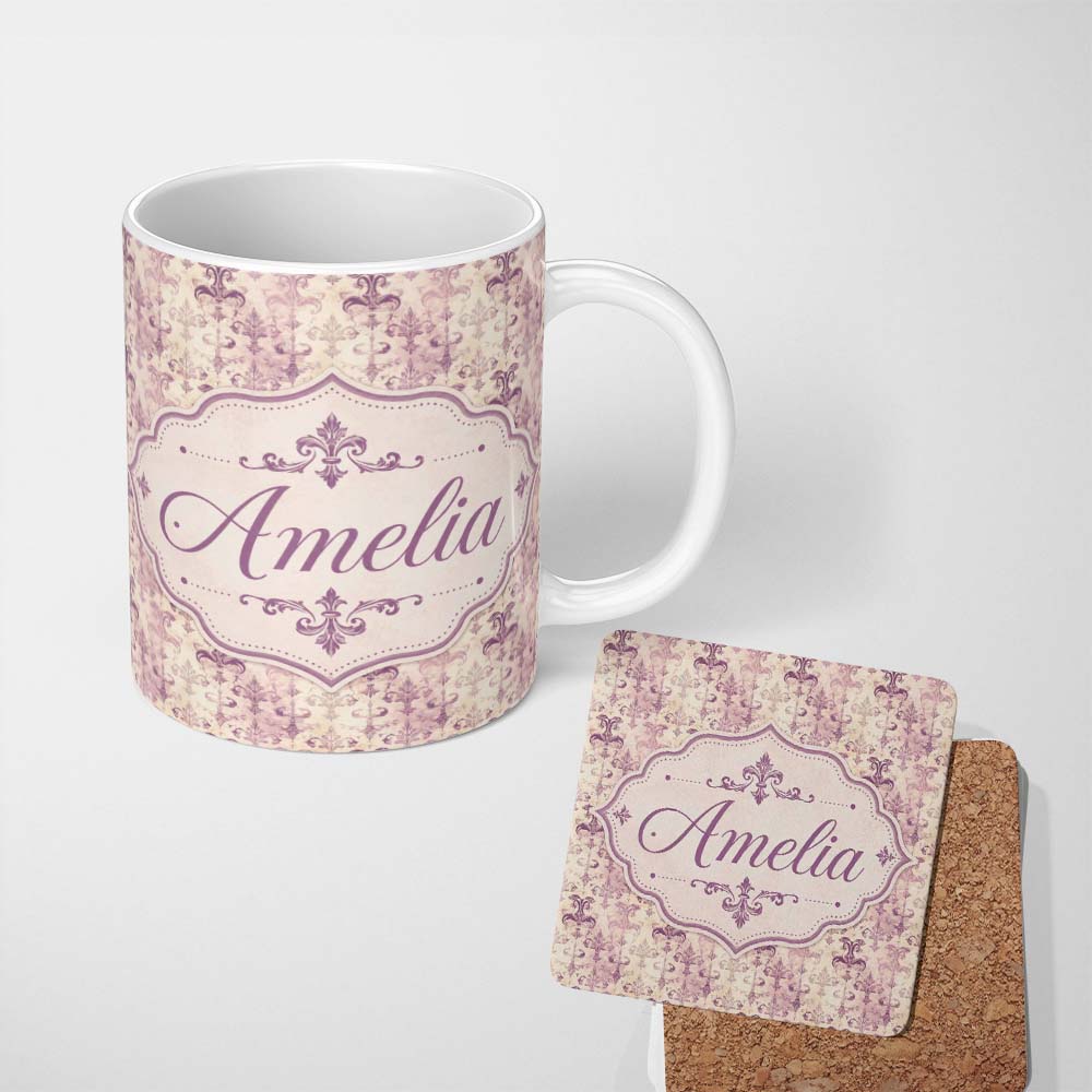 Personalized Custom Name Shabby Chic Purple Damask Fleur De Lis Pattern Distressed Vintage 11oz Ceramic Coffee Tea Mug White Large Handle