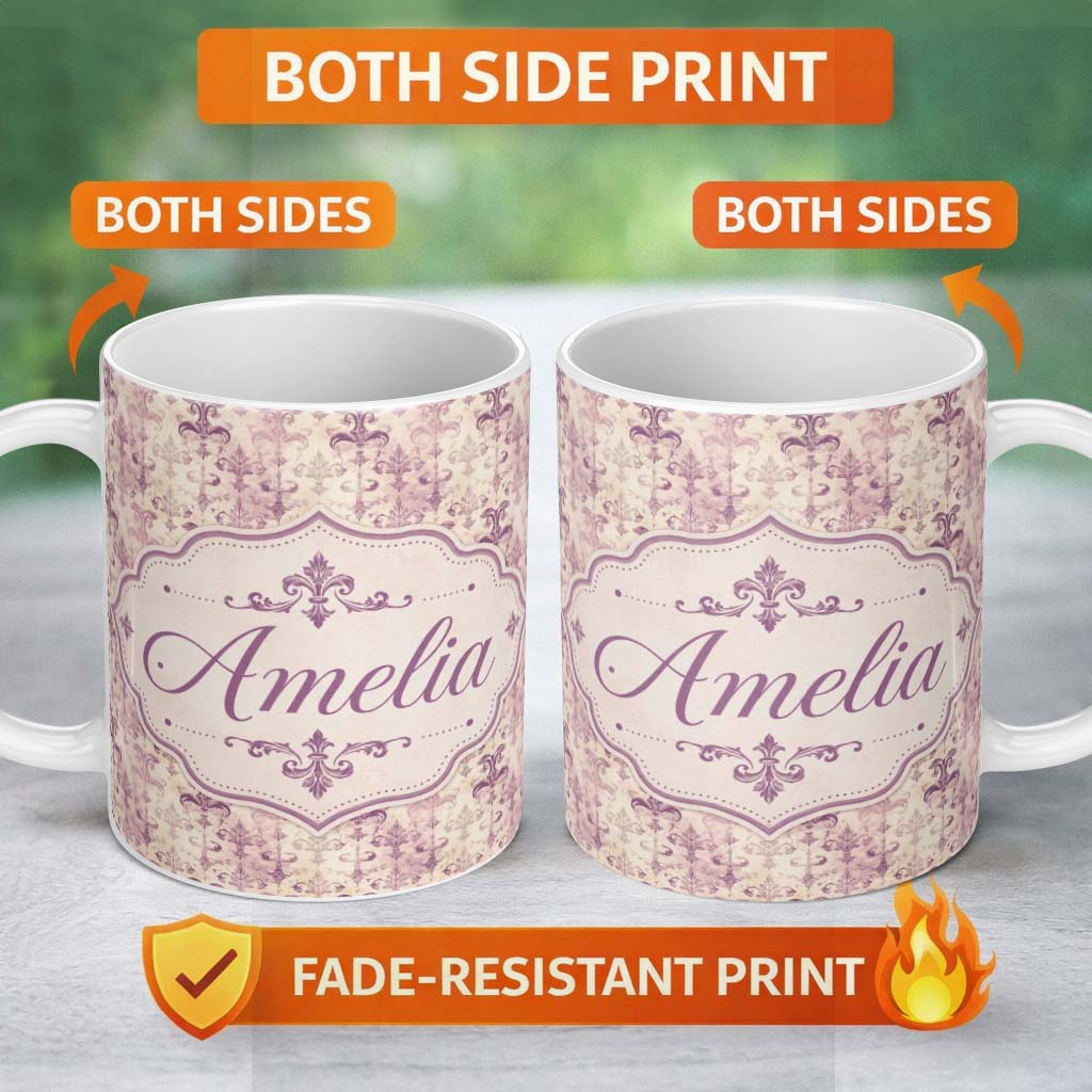 Personalized Custom Name Shabby Chic Purple Damask Fleur De Lis Pattern Distressed Vintage 11oz Ceramic Coffee Tea Mug White Large Handle