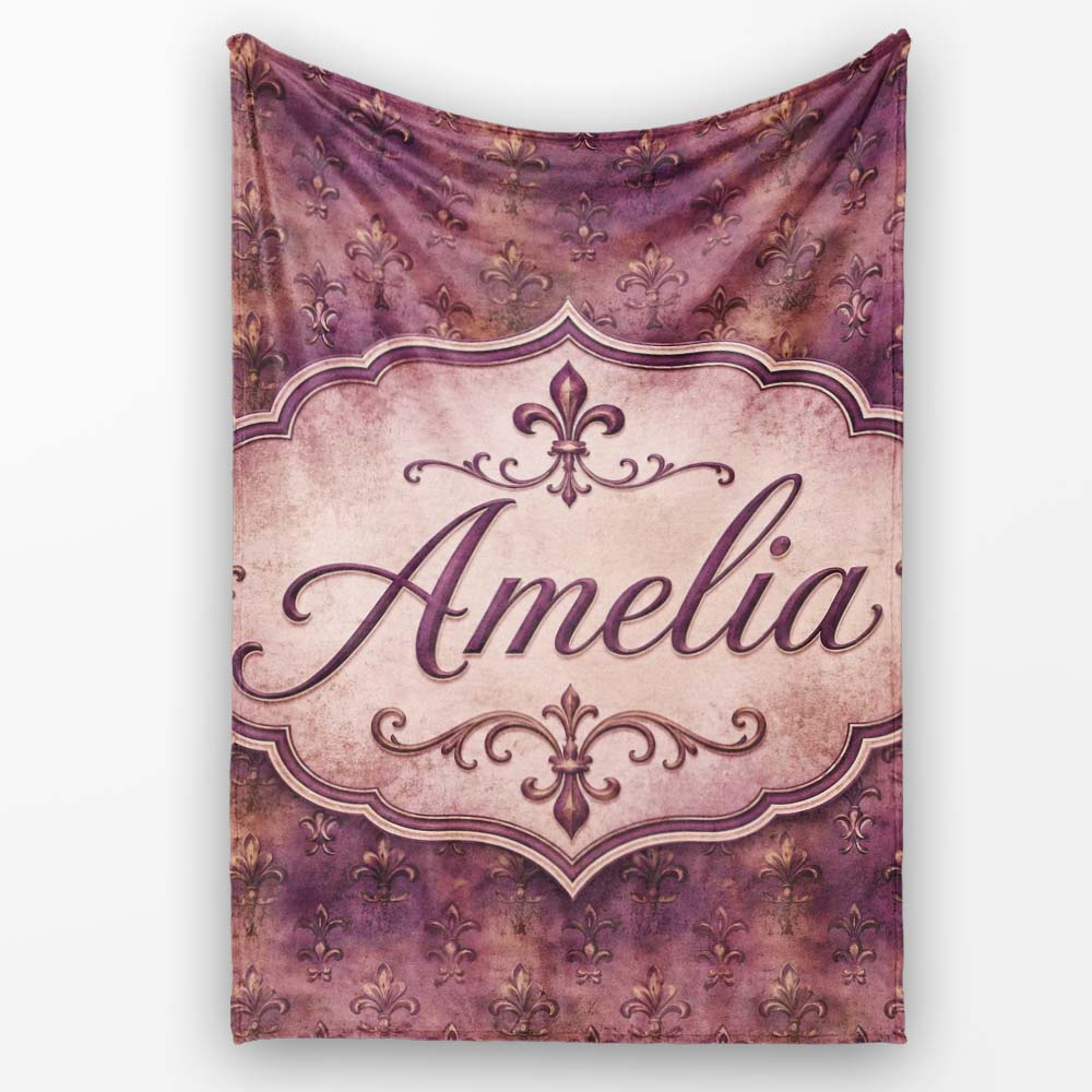 Dark Grunge Purple Fleur De Lis Vintage Texture Seamless Pattern Personalised Custom Name Super Soft Fleece Blanket Bed Sofa Throw
