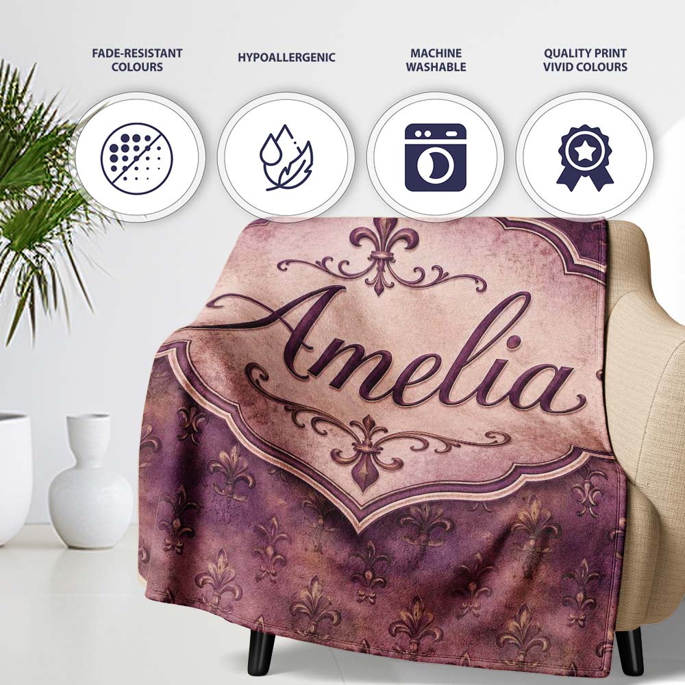 Dark Grunge Purple Fleur De Lis Vintage Texture Seamless Pattern Personalised Custom Name Super Soft Fleece Blanket Bed Sofa Throw