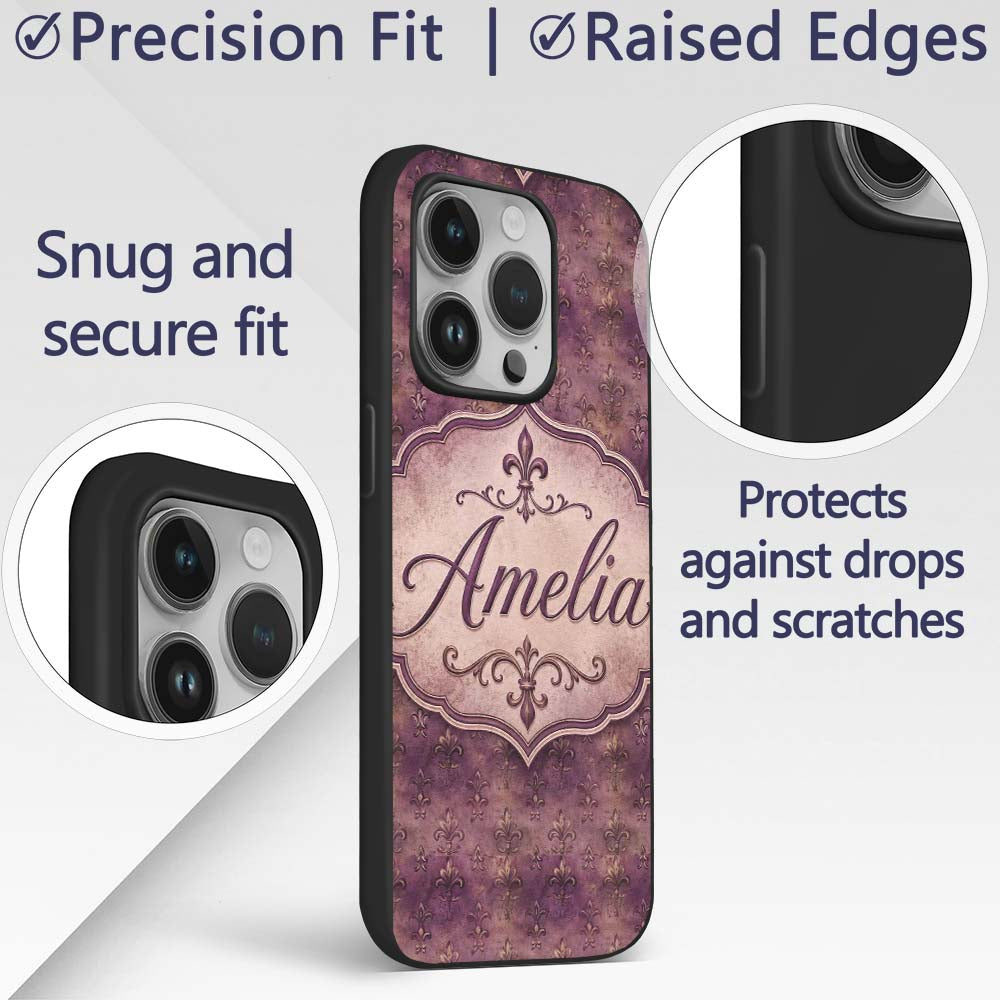 Dark Grunge Purple Fleur De Lis Vintage Texture Custom Name Protective Phone Case Mobile Cover Durable Everyday Smartphone Shock Resistant