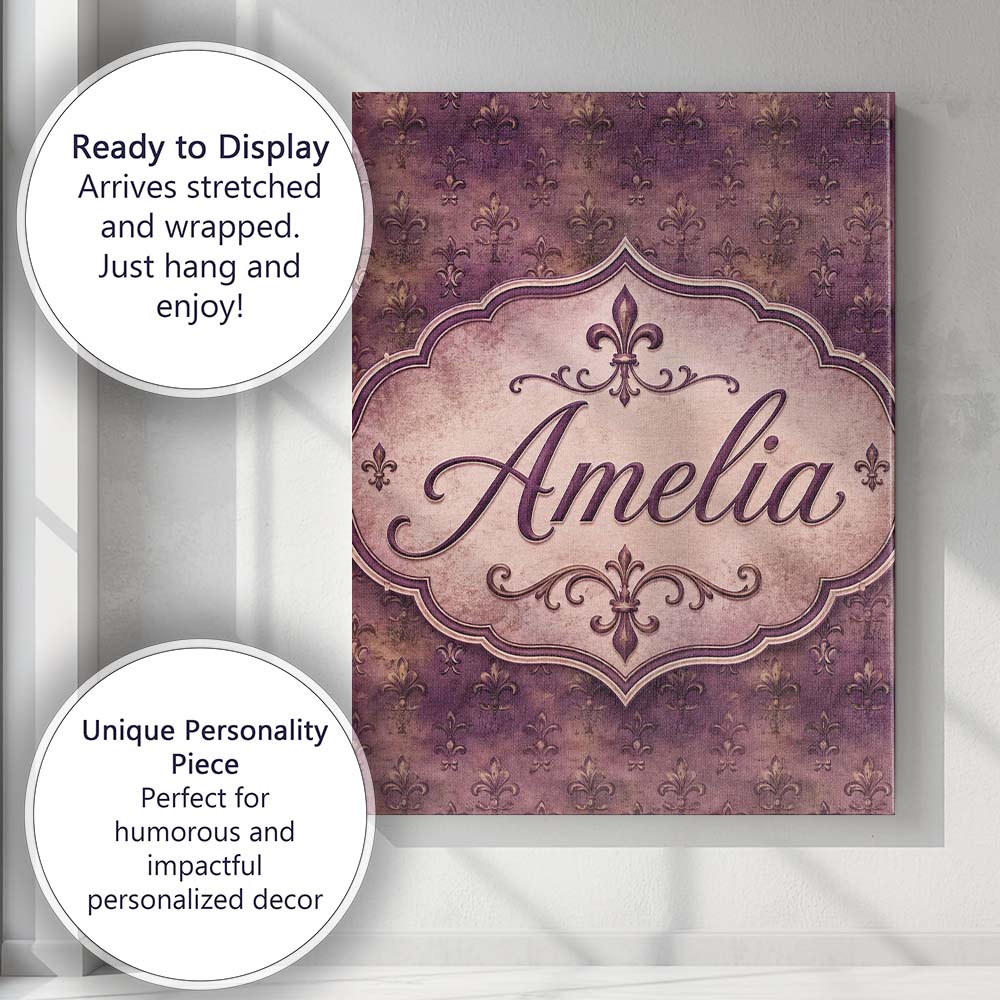 Personalised Name Dark Grunge Purple Fleur Custom Unique Gift Idea Elegant Feature Canvas Wall Art Print Decor Picture Ready to Hang