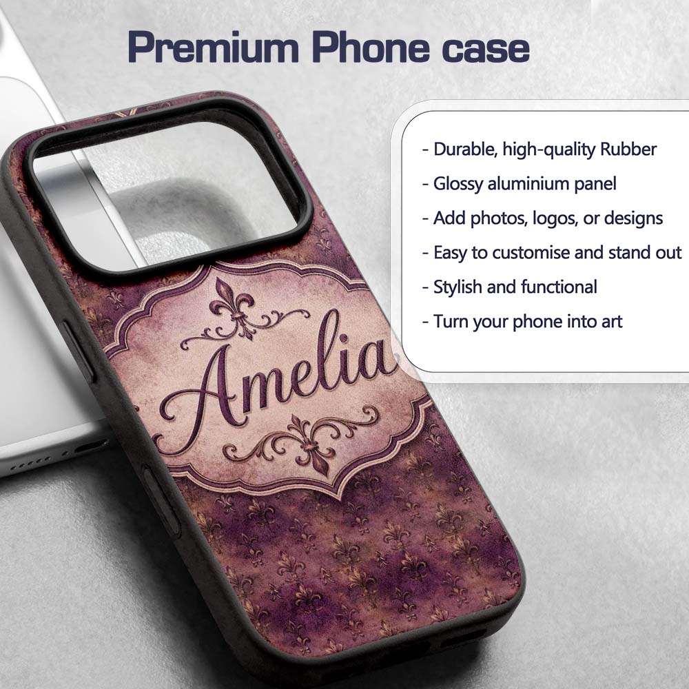 Dark Grunge Purple Fleur De Lis Vintage Texture Custom Name Protective Phone Case Mobile Cover Durable Everyday Smartphone Shock Resistant