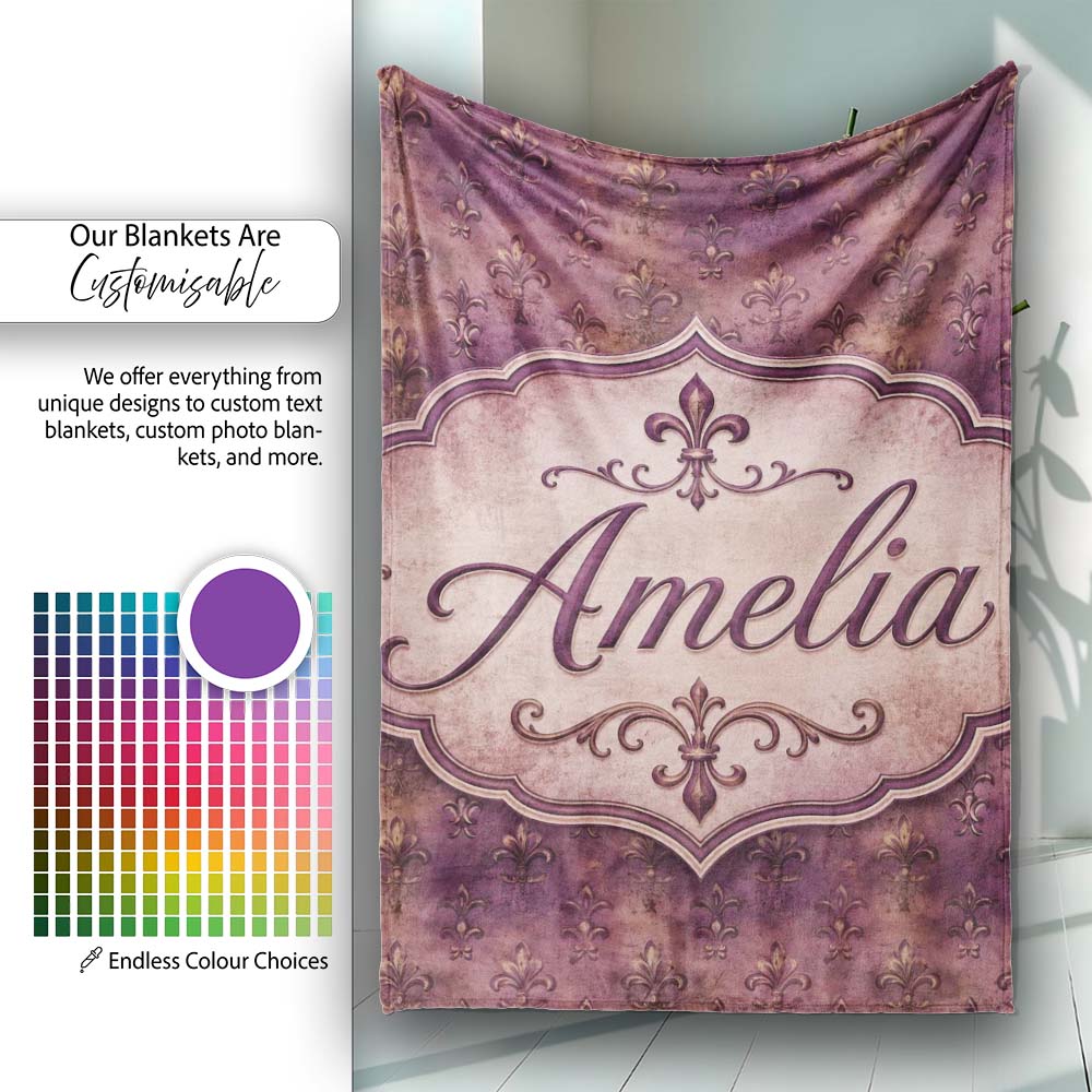 Dark Grunge Purple Fleur De Lis Vintage Texture Seamless Pattern Personalised Custom Name Super Soft Fleece Blanket Bed Sofa Throw