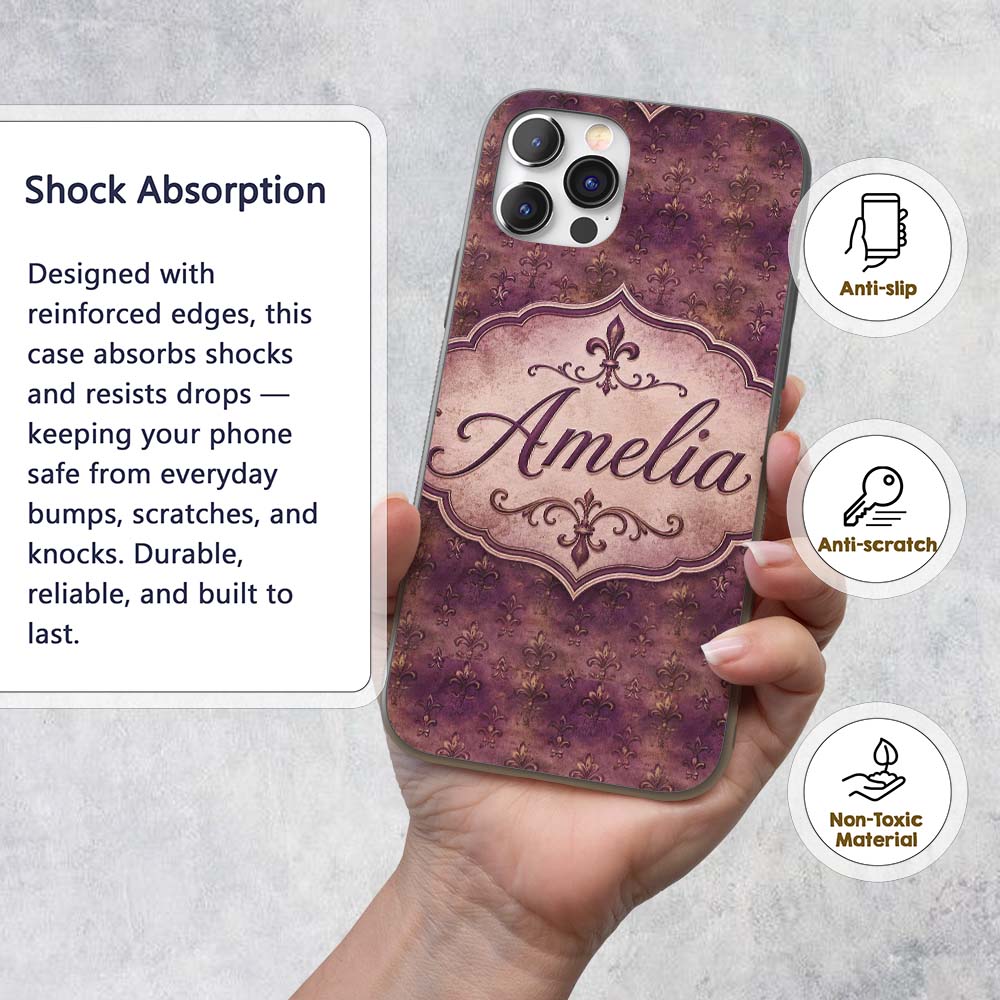 Dark Grunge Purple Fleur De Lis Vintage Texture Custom Name Protective Phone Case Mobile Cover Durable Everyday Smartphone Shock Resistant