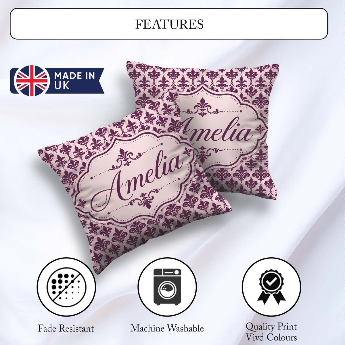 Custom Name Classic Plum Damask Floral Repeat Pattern Background Square Filled Cushion Throw Pillow Sofa Bed Home Decor Zip Washable UK Made