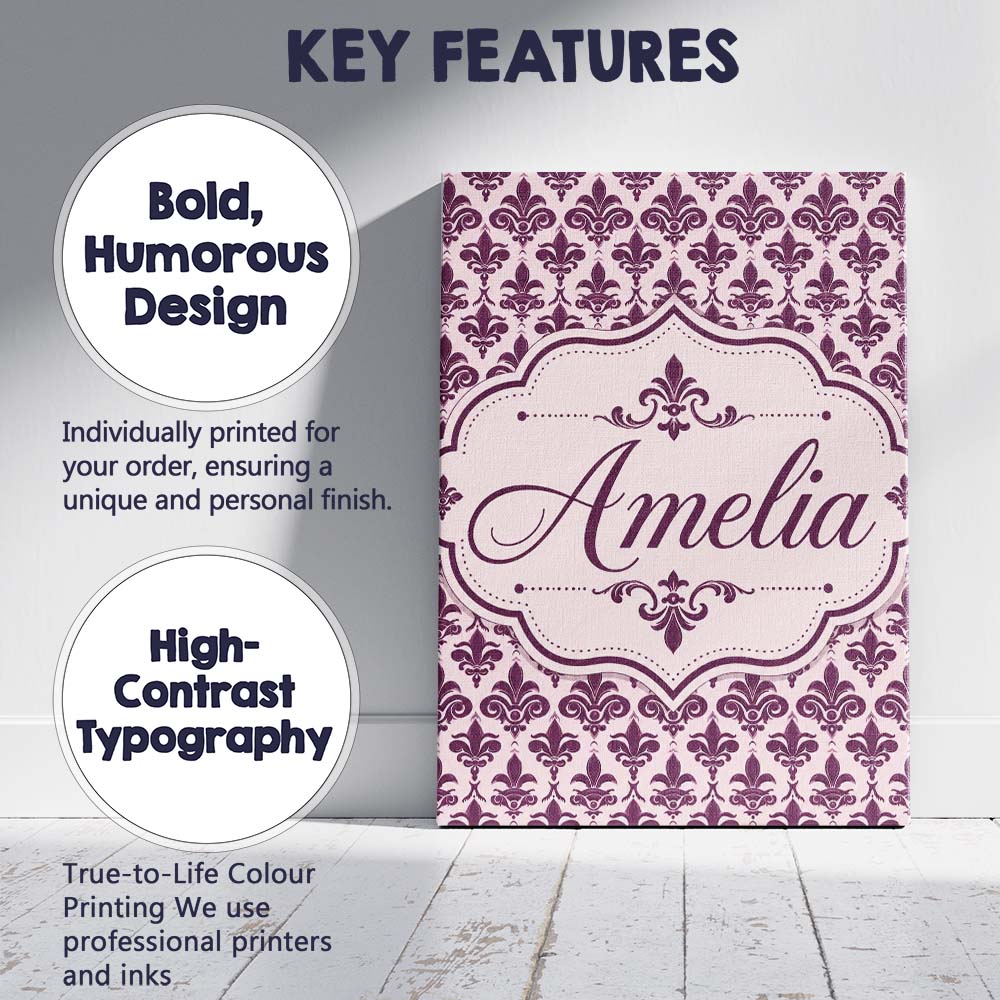 Personalised Name Classic Plum Damask Custom Modern Room Accent Creative Decorator Style Canvas Wall Art Print Decor Picture Ready to Hang
