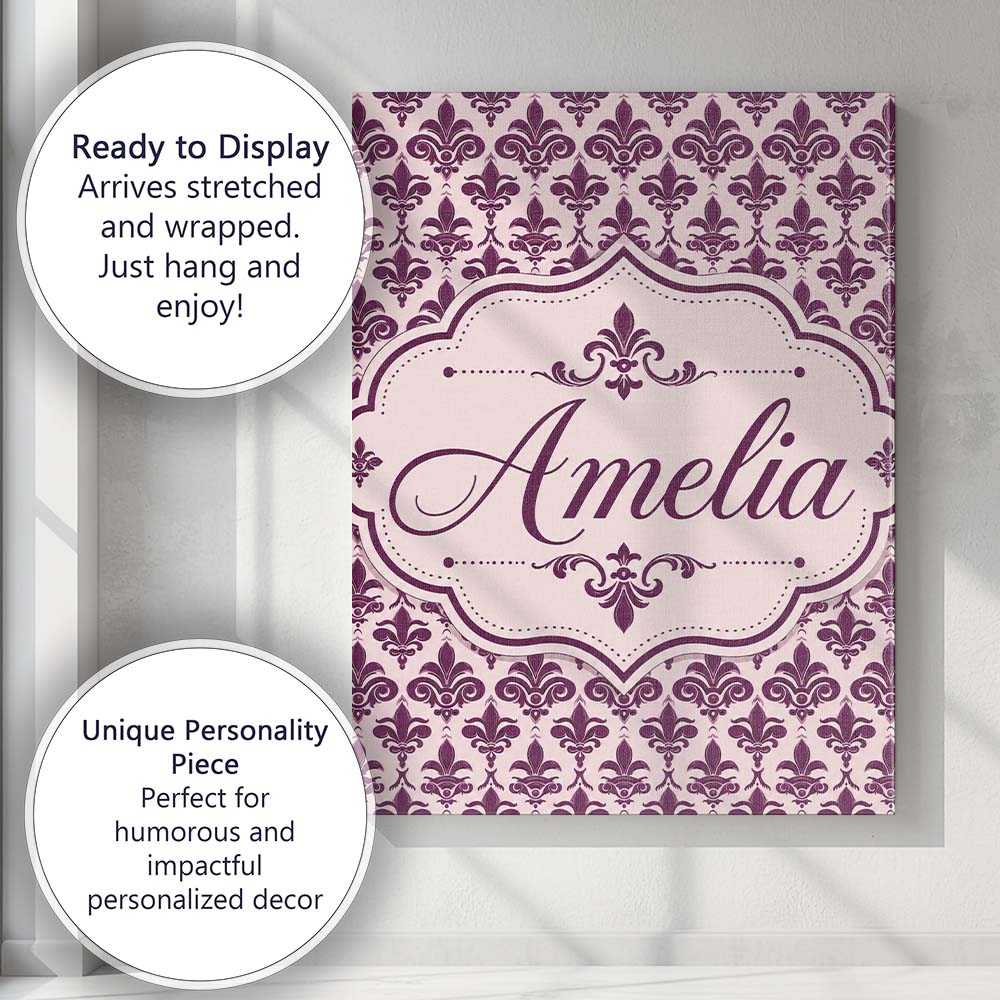 Personalised Name Classic Plum Damask Custom Modern Room Accent Creative Decorator Style Canvas Wall Art Print Decor Picture Ready to Hang