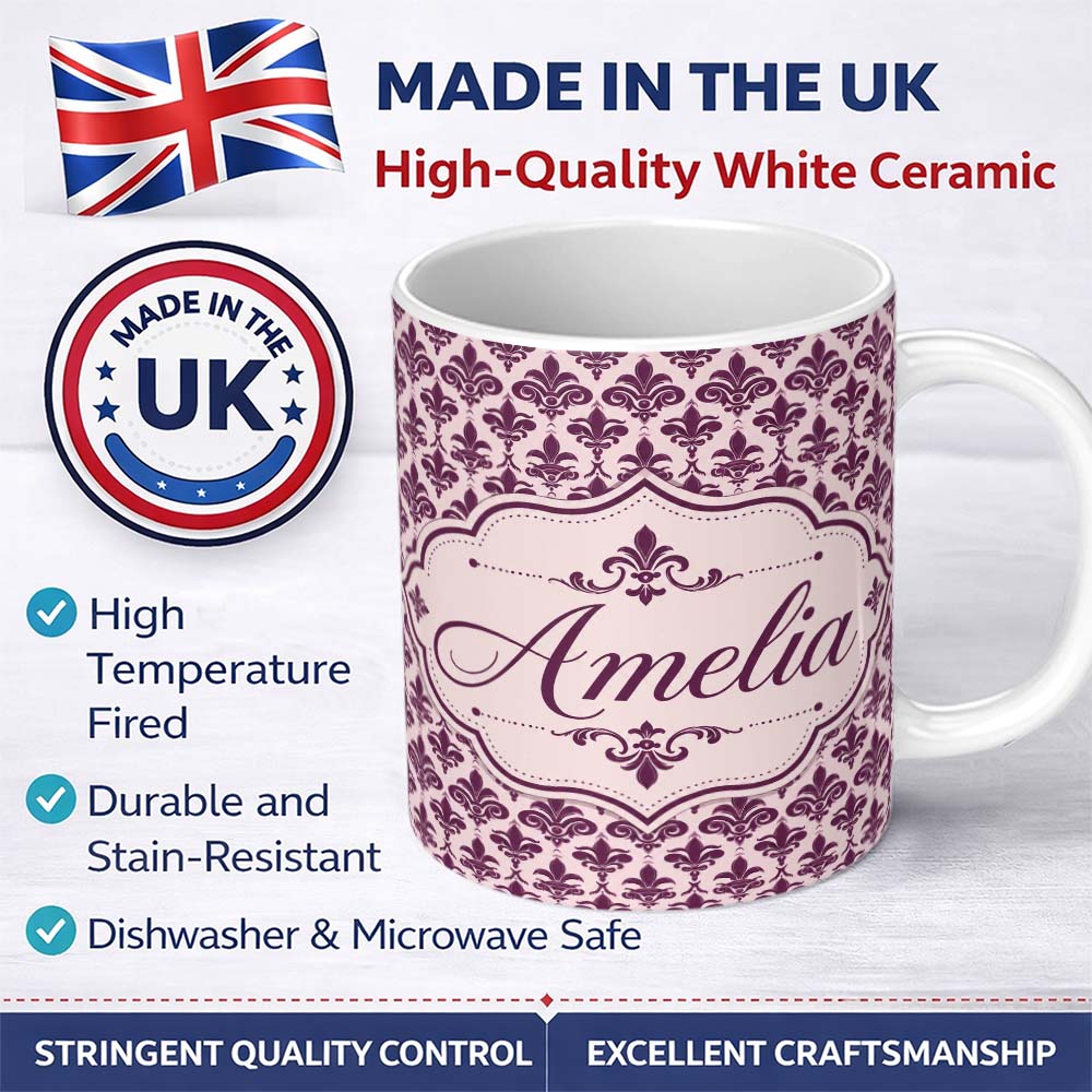 Personalized Custom Name Classic Plum Damask Floral Repeat Pattern Elegant Background Name 11oz Ceramic Coffee Tea Mug White Large Handle