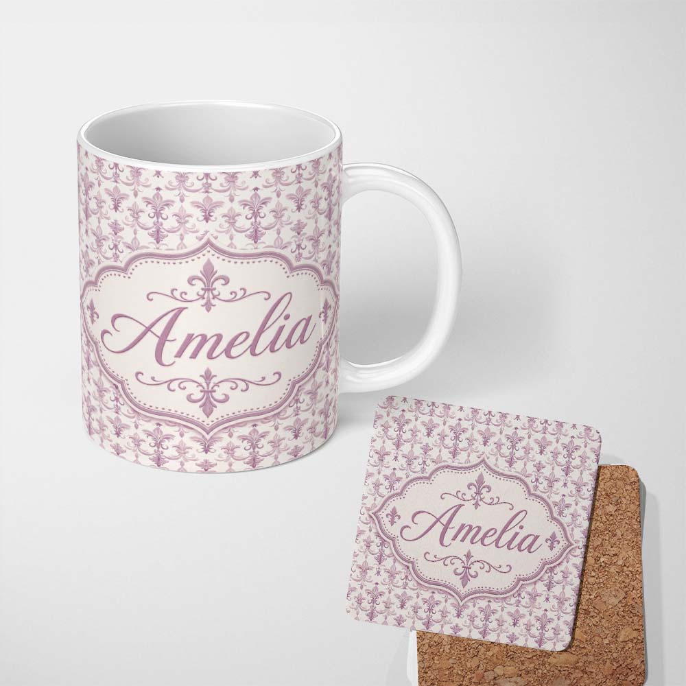 Personalized Custom Name Soft Lavender Ornate Fleur De Lis Seamless Pattern Subtle Vintage 11oz Ceramic Coffee Tea Mug White Large Handle