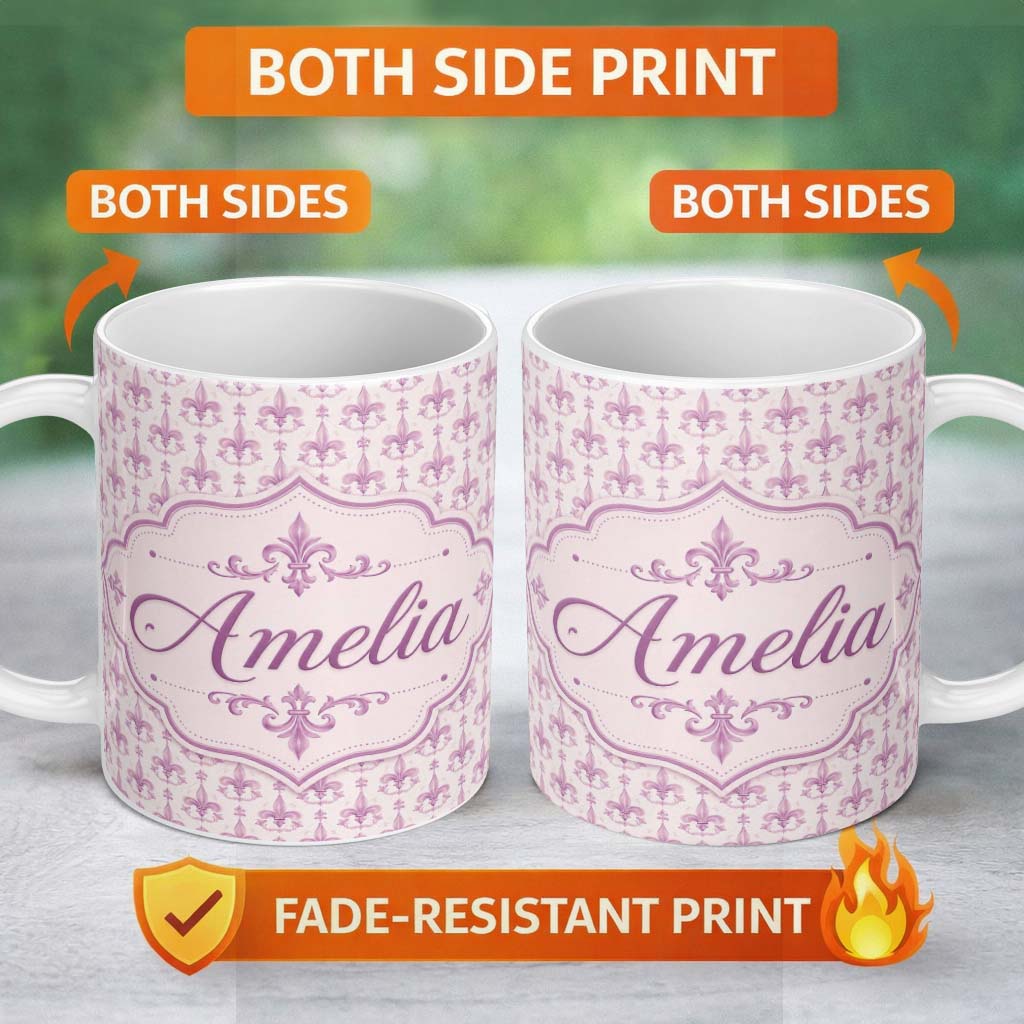 Personalized Custom Name Pastel Purple Decorative Damask Pattern Elegant Repeat Design Name 11oz Ceramic Coffee Tea Mug White Large Handle