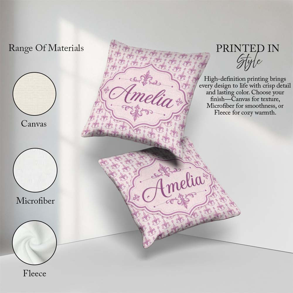 Custom Name Pastel Purple Decorative Damask Pattern Elegant Name Square Filled Cushion Throw Pillow Sofa Bed Home Decor Zip Washable UK Made