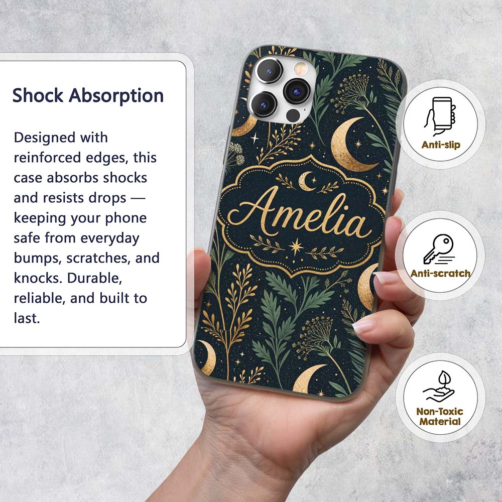 Golden Moon Stars Night Sky Botanical Garden Custom Name Protective Phone Case Mobile Cover Durable Everyday Smartphone Shock Resistant