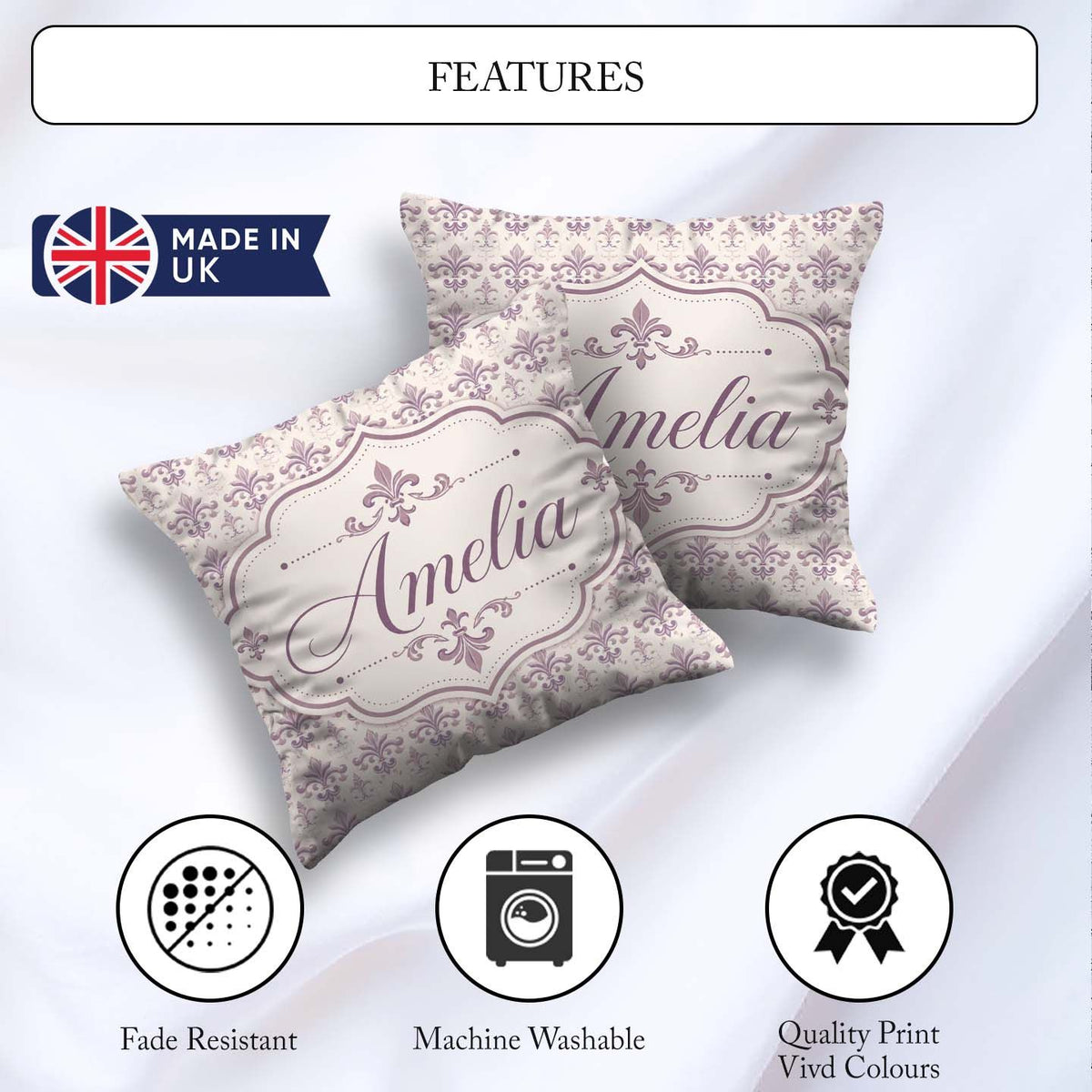 Custom Name Delicate Mauve Damask Pattern Seamless Classic Style Square Filled Cushion Throw Pillow Sofa Bed Home Decor Zip Washable UK Made