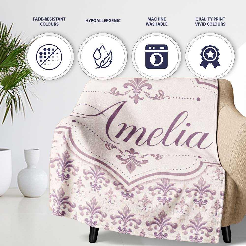 Delicate Mauve Ornamental Damask Pattern Seamless Classic Style Personalised Custom Name Super Soft Fleece Blanket Bed Sofa Throw