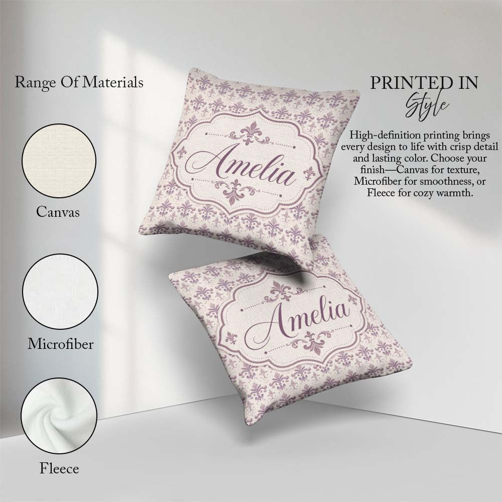 Custom Name Delicate Mauve Damask Pattern Seamless Classic Style Square Filled Cushion Throw Pillow Sofa Bed Home Decor Zip Washable UK Made