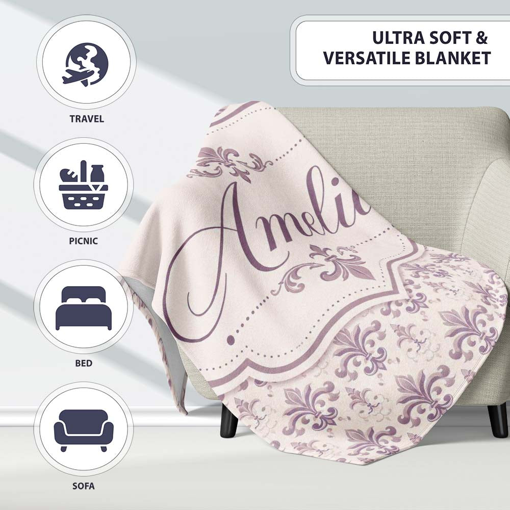 Delicate Mauve Ornamental Damask Pattern Seamless Classic Style Personalised Custom Name Super Soft Fleece Blanket Bed Sofa Throw