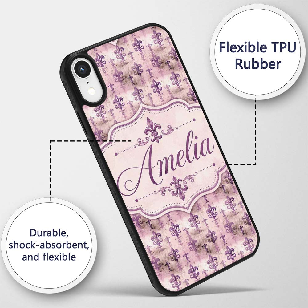 Traditional Plum Fleur De Lis Pattern Symmetrical Custom Name Protective Phone Case Mobile Cover Durable Everyday Smartphone Shock Resistant