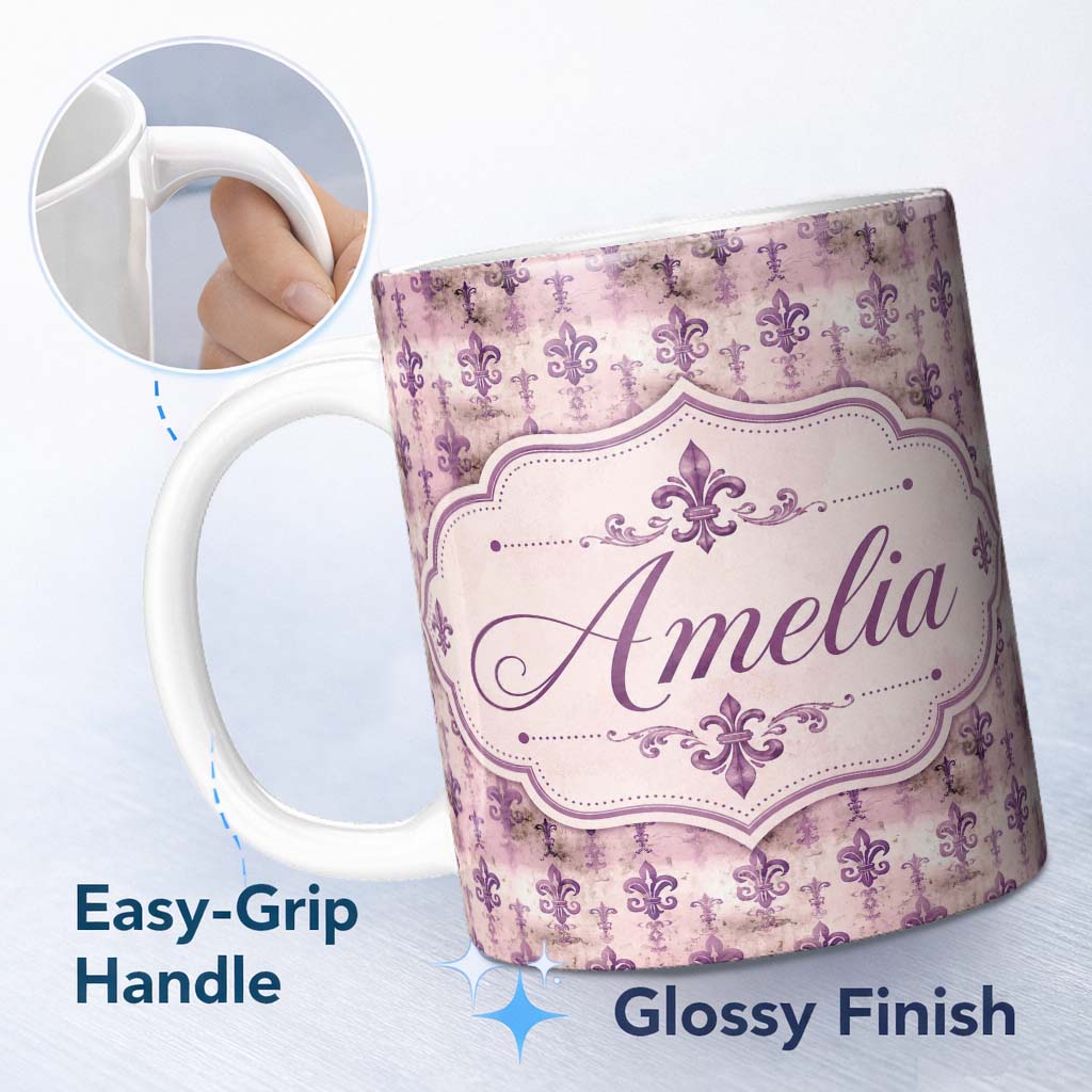 Personalized Custom Name Traditional Plum Fleur De Lis Pattern Symmetrical Vintage Design 11oz Ceramic Coffee Tea Mug White Large Handle