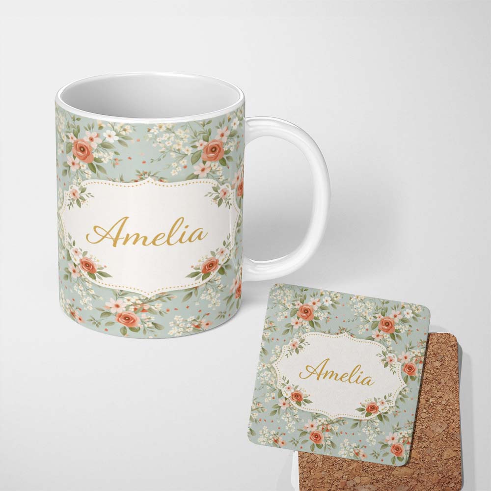 Personalized Custom Name Peach Rose Floral Pattern Blue Background Seamless Cute Unique Gift 11oz Ceramic Coffee Tea Mug White Large Handle
