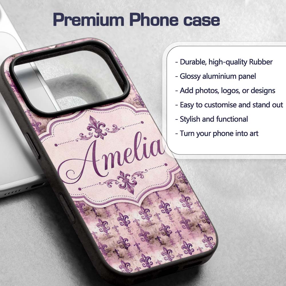 Traditional Plum Fleur De Lis Pattern Symmetrical Custom Name Protective Phone Case Mobile Cover Durable Everyday Smartphone Shock Resistant