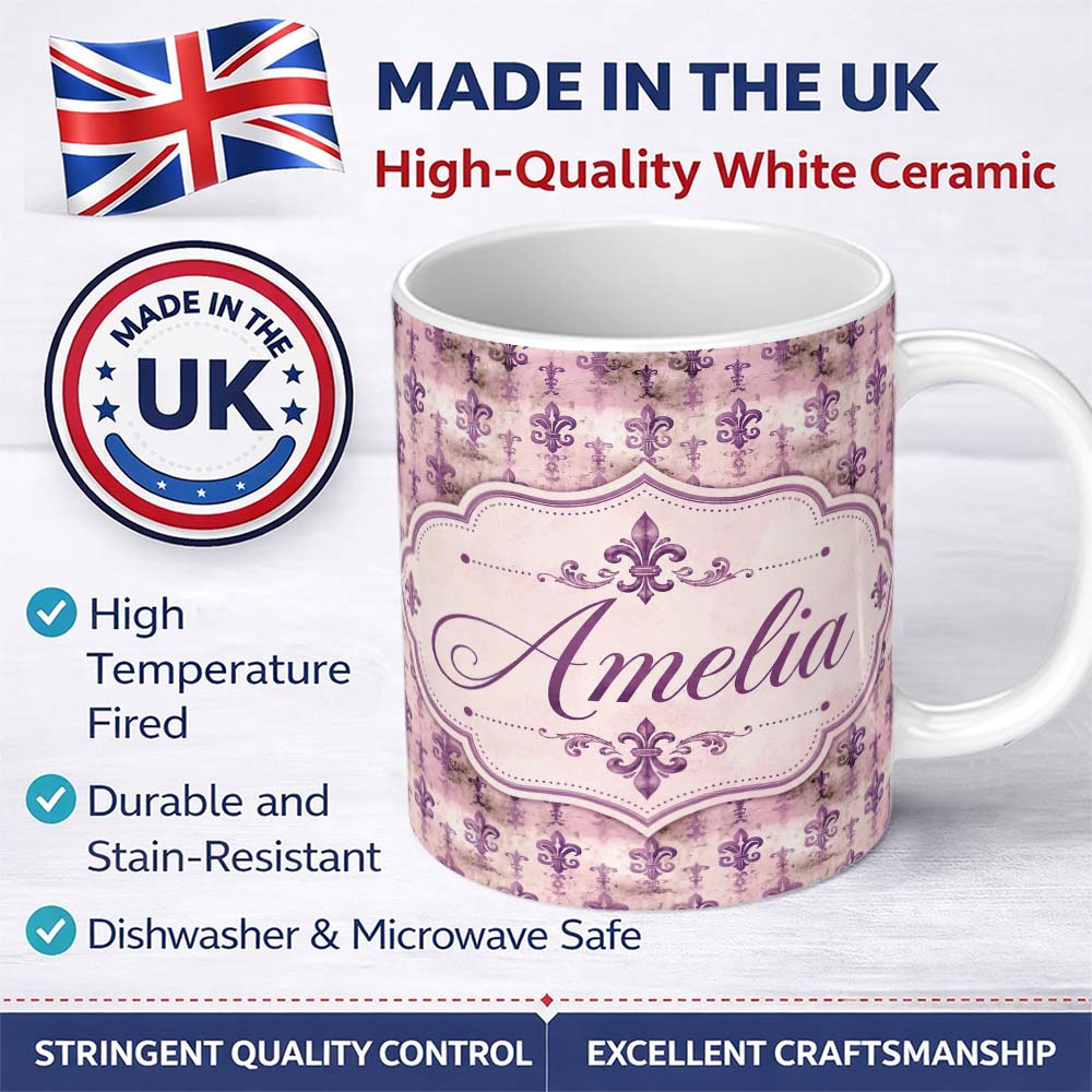 Personalized Custom Name Traditional Plum Fleur De Lis Pattern Symmetrical Vintage Design 11oz Ceramic Coffee Tea Mug White Large Handle