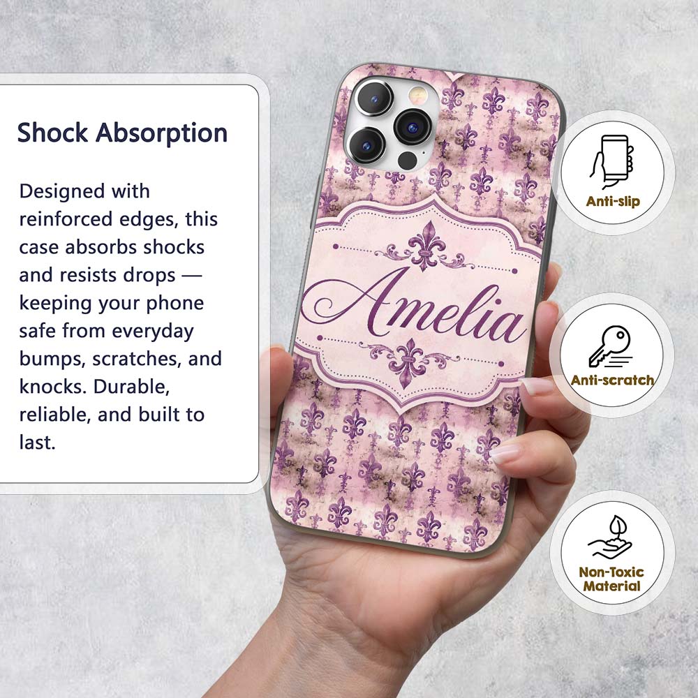 Traditional Plum Fleur De Lis Pattern Symmetrical Custom Name Protective Phone Case Mobile Cover Durable Everyday Smartphone Shock Resistant