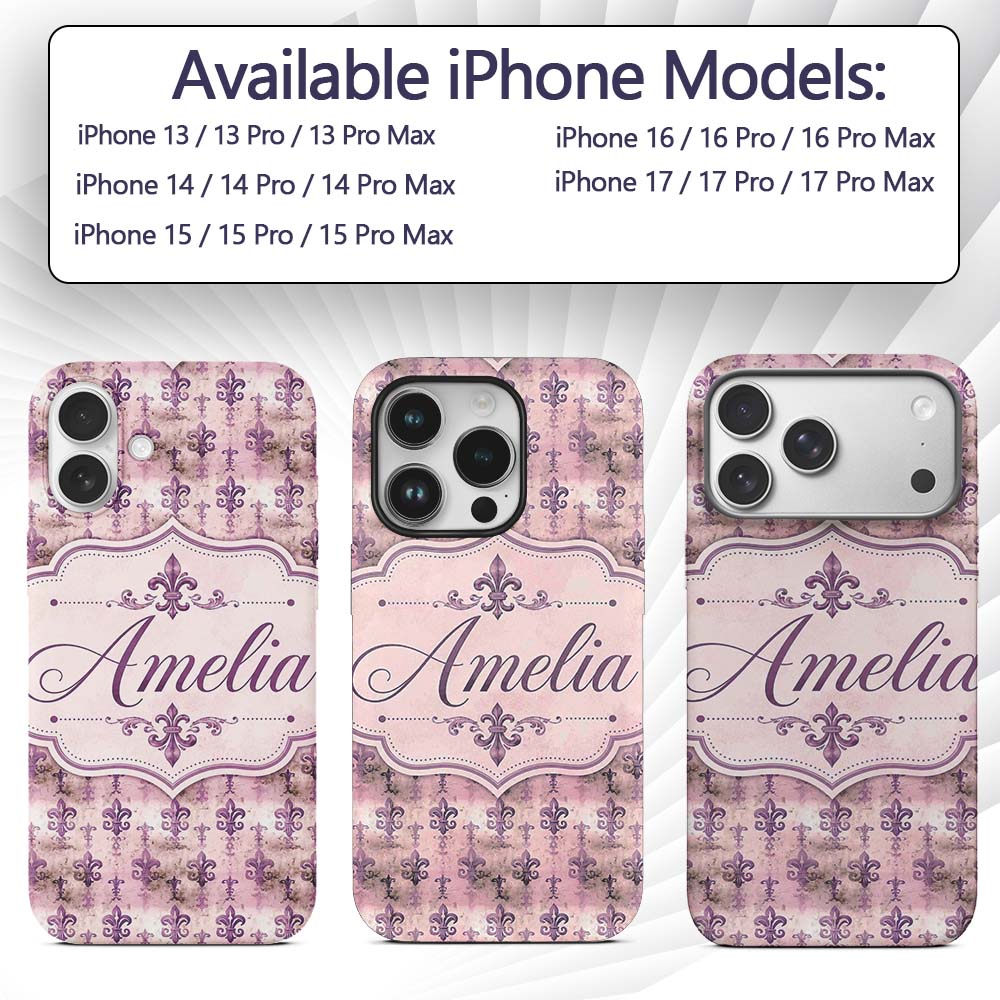 Traditional Plum Fleur De Lis Pattern Symmetrical Custom Name Protective Phone Case Mobile Cover Durable Everyday Smartphone Shock Resistant