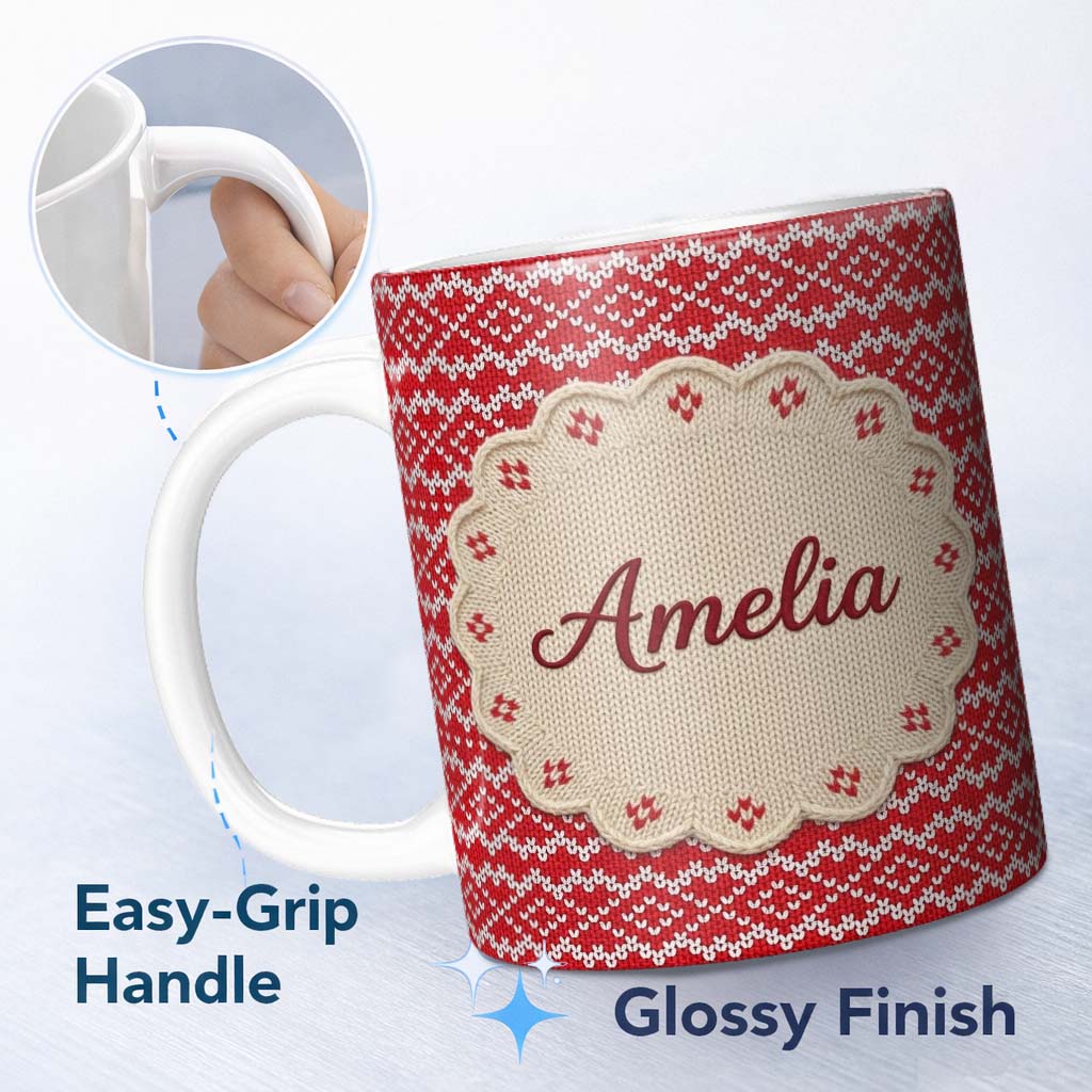 Personalized Custom Name Red White Nordic Knit Snowflake Chevron Pattern Christmas Sweater 11oz Ceramic Coffee Tea Mug White Large Handle