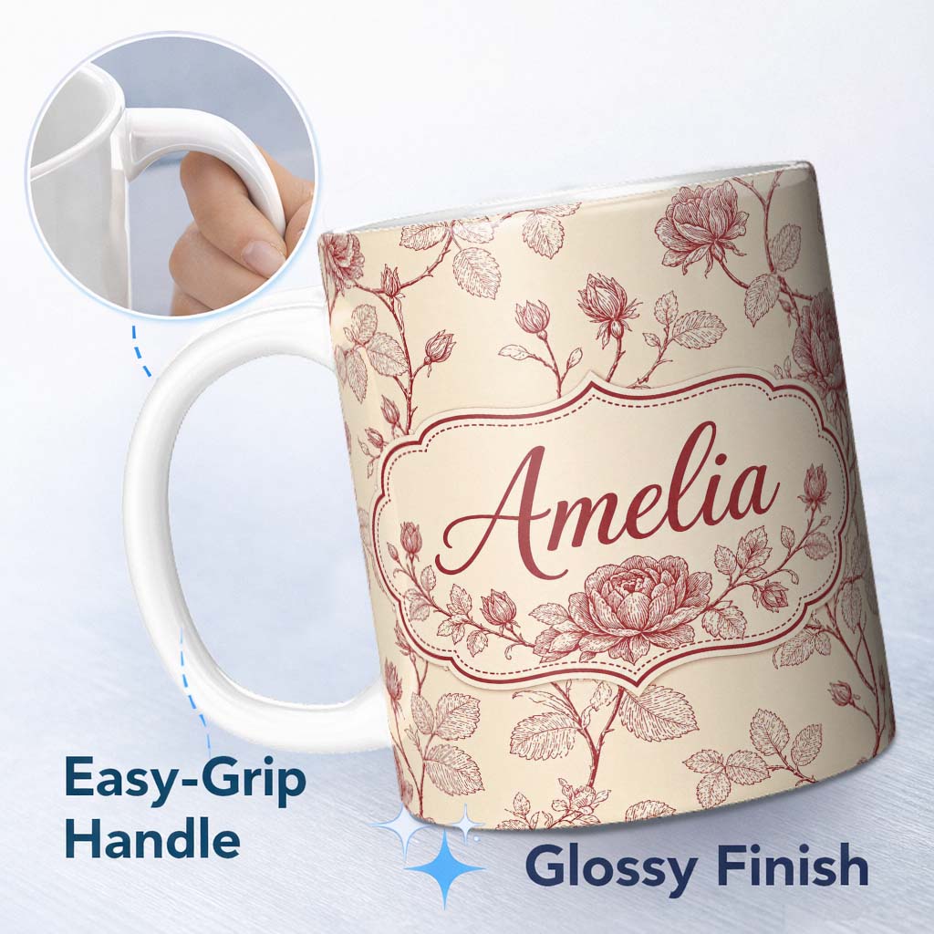 Personalized Custom Name Classic Red Line Art Rose Botanical Seamless Pattern Design Lovely 11oz Ceramic Coffee Tea Mug White Large Handle