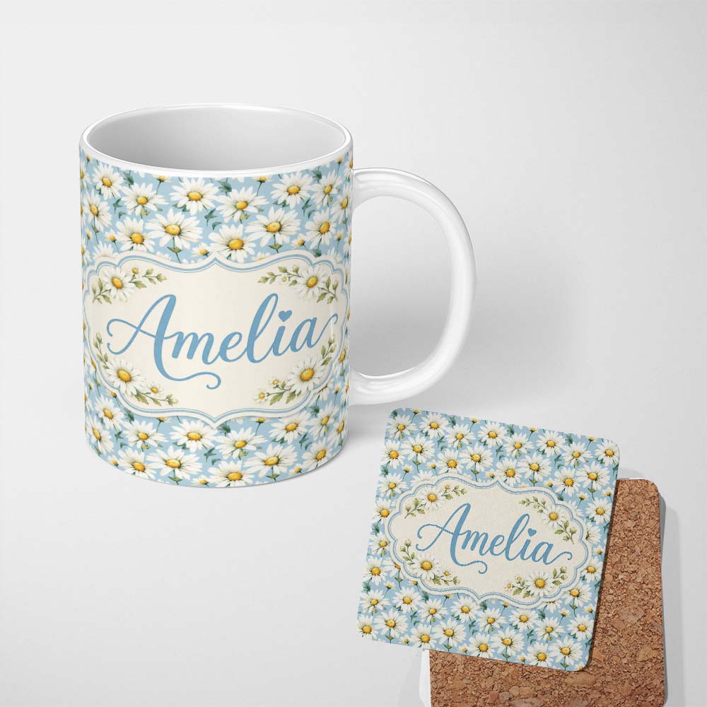 Personalized Custom Name Soft Blue Background White Daisy Floral Seamless Pattern Lovely 11oz Ceramic Coffee Tea Mug White Large Handle
