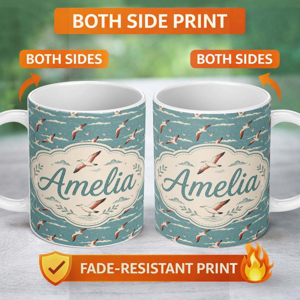 Personalized Custom Name Flying Seagulls Over Ocean Waves Style Seamless Pattern Lovely 11oz Ceramic Coffee Tea Mug White Large Handle