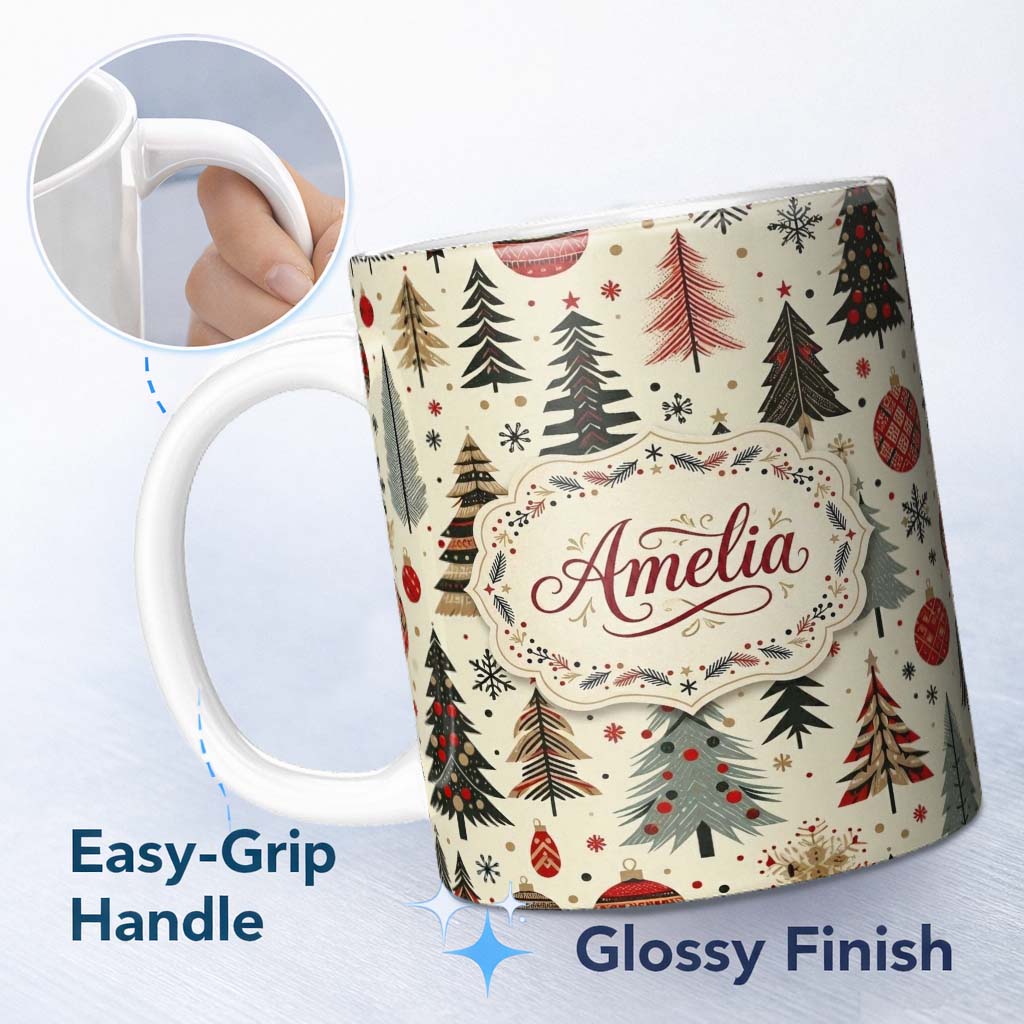 Personalized Custom Name Modern Christmas Trees Minimal Black Gold Red Holiday Seamless 11oz Ceramic Coffee Tea Mug White Large Handle