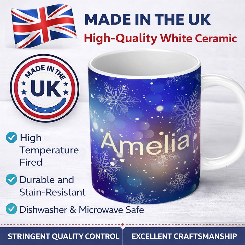 Personalized Custom Name Blue Snowflake Bokeh Winter Seamless Pattern Design Soft Glow Lovely 11oz Ceramic Coffee Tea Mug White Large Handle